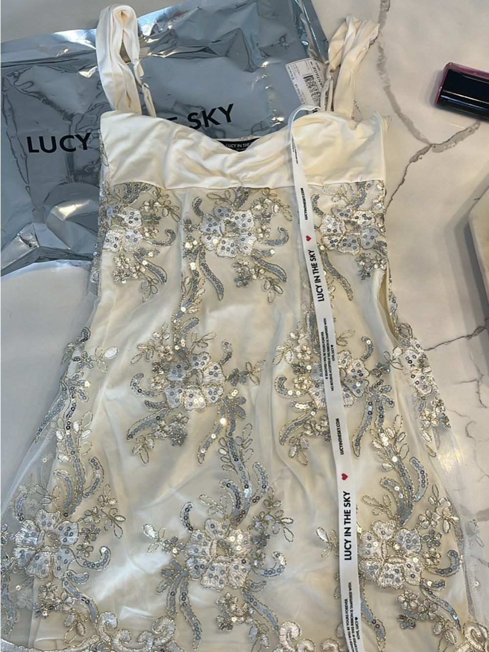 Lucy in the Sky Ivory and Gold Embellished Mini Dress - Picture 2 of 5